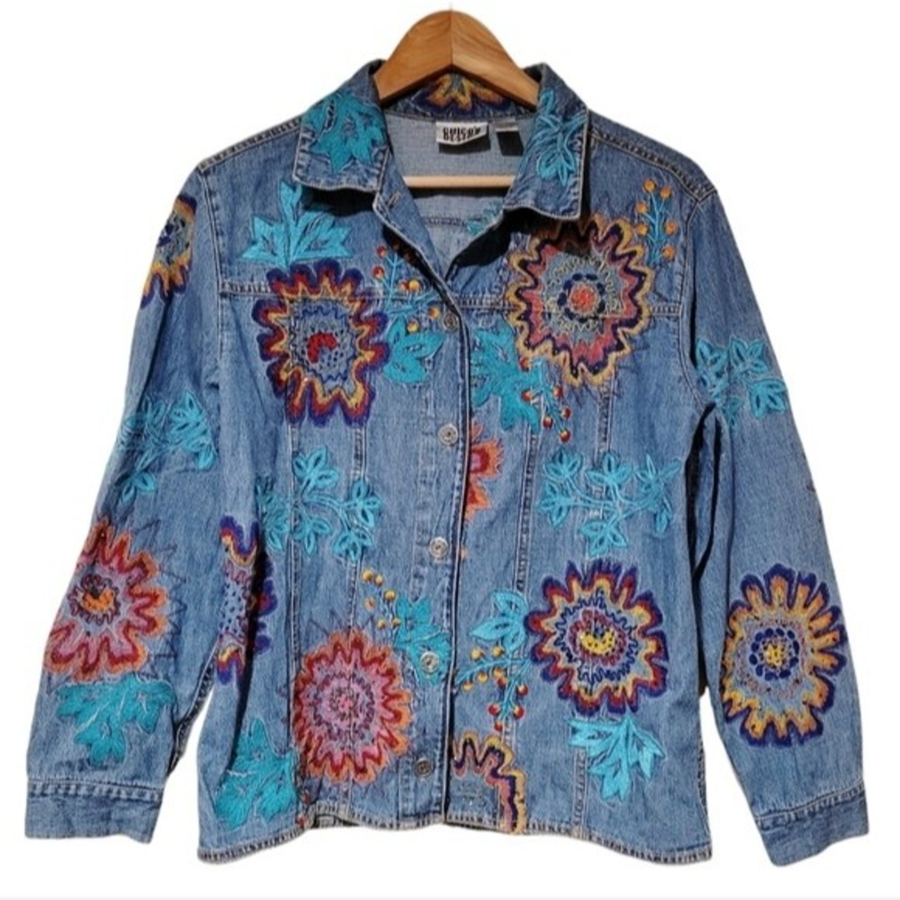 Chico's Embroidered Blue Denim Jacket with Turquoise & Multicolor Floral Accents